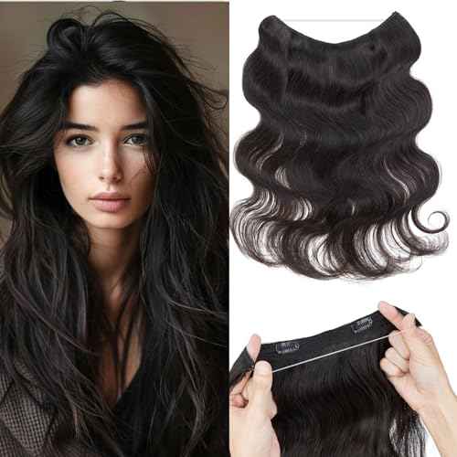 Rich Choices Halo Hair Extensions Real Human Hair Wave Invisible Wire In Hair Extensions Remy Human Hair Clip in Hairpiece One Piece 18 Inch #1B Natural Black