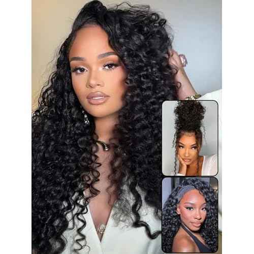 BGM GIRL Half Wig Human Hair Water Wave 3 in 1 Wigs Beginner Friendly Flip Over Drawstring Glueless Wig Ready to Go Seamless Clip in Wigs Natural Black Color 18 Inch
