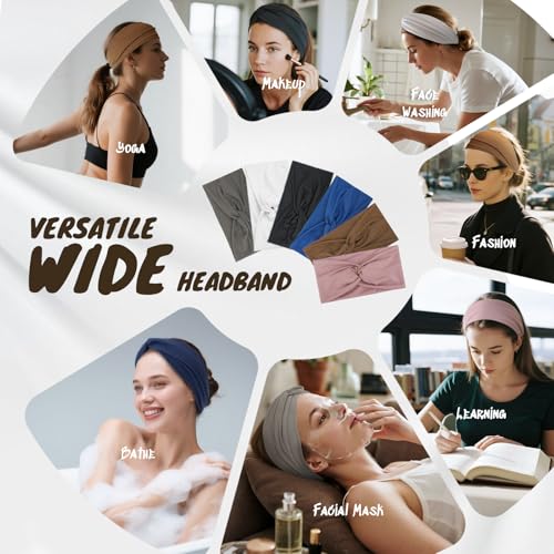 Headbands for Women, Non Silp Wide Hair Bands, Elastic Thick Head Bands, Stretchy Soft Sports Sweat Bands for Spa Workout Running Gym, Twist Knotted Cotton Cloth Turban Hair Accessories 6Pcs