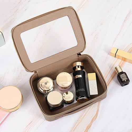 Aveniee Clear Makeup Bag Organizer, Travel Toiletry Bag Cosmetic Case for Women, Portable Make Up Skincare Pouch Car Organizer Bag with Zippers for Essentials,Taupe