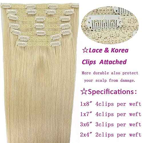 Real Human Hair Lace Clip In Hair Extensions Thick Ends 20inch 120g Color Bleach Blonde #60 Remy Hair Extensions