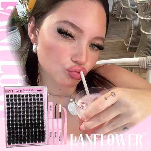 Lanflower Volume Lash Clusters Kit Wispy Spiky Lash Extension Kit 300D Fluffy Cluster Eyelash Extensions 12-20mm Long Eyelash Clusters Fairy Manga Eyelash Extension Kit