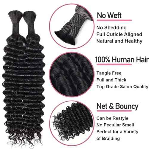Human Braiding Hair Deep Wave Bulk Human hair for Braiding Natural Black Color No Weft Human Hair Bundles Micro Virgin Human Hair Extension for Boho Braids (100g(2bundles), 26 Inch)