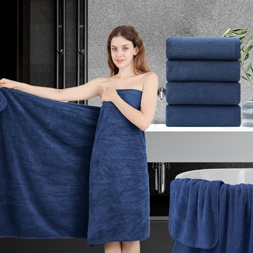 4 Piece Bath Towel Oversized Bath Sheet 35"x70" Navy Bathroom Towel Extra Large Bath Towel Set Highly Absorbent Quick Dry Premium Towel for Bathroom Spa Gym Hotel 600GSM Shower Towel for Daily Use