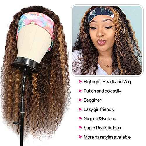 Ombre Honey Blonde Wig 4/27 Highlight Headband Human Hair Deep Wave Curly Colored 26 Inches