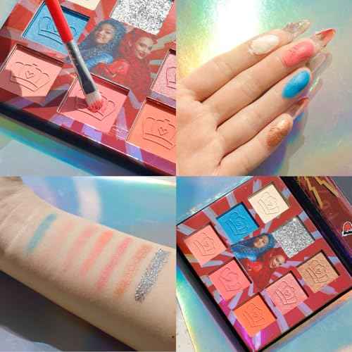 Descendants: The Rise of Red - 8 Well Eyeshadow Shimmer Palette with Mirror and brush, Shimmery and Opaque Colors, Pigmented Blendable for Girls Ages 8+, Perfect for Birthday, Parties by Townley Girl