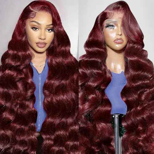 Human Hair Wig 30 Inch Lace Front Wigs Human Hair 99j Burgundy 13x6 200% Density Glueless HD Transparent Burgundy Wine Red Body Wave Wig Pre Plucked With Baby Hair