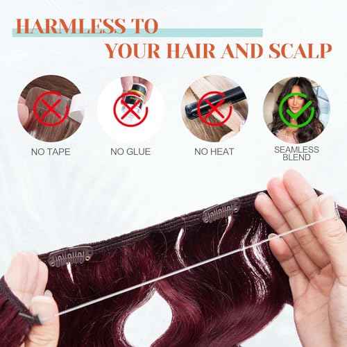 Benehair Invisible Wire Hair Extensions Real Human Hair Red for Women Hairpieces with Invisible Secret Wire Adjustable Wire Replacement Wine Red Hair Extension 20inch for Thinning Hair #99J