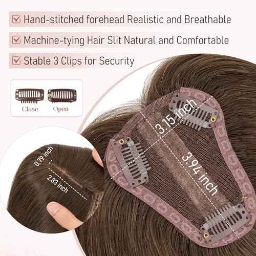 Hairro Real Human Hair Toppers, Clips in 100% Human Hairpieces for Women, 3.15"x3.94" Silk Base for Covering Thinning/Greyish Hair on Top, 14 Inch Brunette Brown