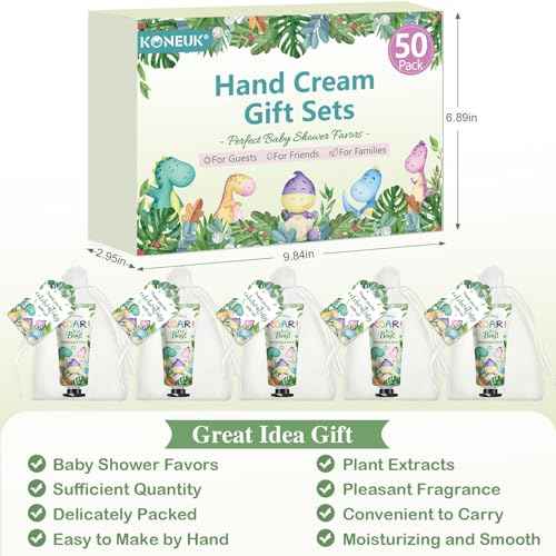 50 Pack Bulk Hand Cream Gifts Sets, Baby Shower Favors and Wedding Welcome Bag Stuffers for Guests with Thank You Card and Organza Gift Bags, Appreciation Gifts, Bridal Shower Favors (Dinosaur)