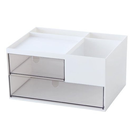 MILULUGO Makeup Organizer with 2 Drawers, Desk Organizer, 4 Compartments, Cosmetics Storage Box for nail polish,Lipstick, Brushes, Jewelry, Skincare, Bathroom Organization Boxes - White