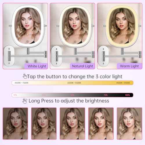 FUNTOUCH 30X/1X Wall Mounted Makeup Mirror,Rechargeable Double Sided Touch Switch Rectangle Oval Wall Mounted Magnifying Mirror with Light, 3 Color Setting,Extended Arm 360¡ÆFoldable, Nickel