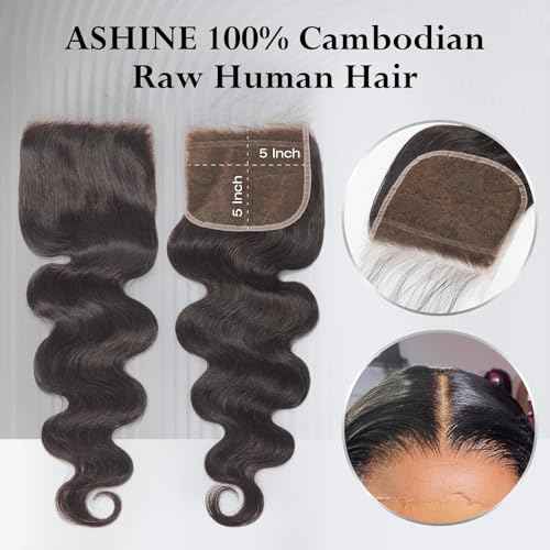 ASHINE 5x5 HD Lace Closure Body Wave Straight Human Hair 5x5 Real HD Lace Closure Invisible Bleached Knots Pre Plucked with Baby Hair Natural Hairline 16 Inch