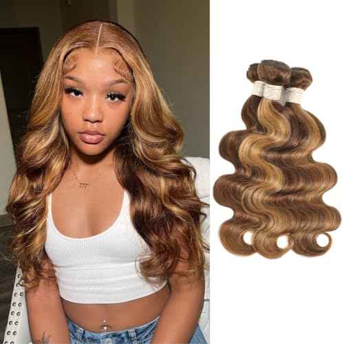 ALHER Body Wave Ombre Human Hair Bundles Honey Blonde Highlight Brown Colored Bundles 12A 100% Brazilian Virgin Remy Human Hair Soft Thick Wavy Weave P4/27 Highlight Piano Color 14 16 18 Inch