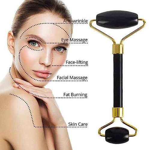 Black Obsidian Jade Facial Roller & Gua Sha Set 100% Natural Source from Highest Altitude of Himalayan Two-Sided Face Neck Massager Stone Beauty Tool