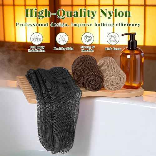 African Net Sponge Authentic, 3 Pieces Exfoliating Scrubber Bath Sponge for All Skin Types, Back Scrubber Loofah Washcloth for Shower, Gentle Exfoliation (Linen,Brown,Black)