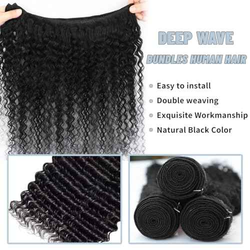 12A Deep Wave Human Hair Bundles 22 24 26 Inch 100% Unprocessed Brazilian Virgin Hair Deep Curly Weave Human Hair 3 Bundles Real Human hair Deep Wave Bundles for Women Natural Black