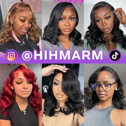 Hihmarm Body Wave Bob Wig Human Hair 13x4 Hd Lace Frontal Wigs Human Hair Pre Plucked Loose Wave Bob Lace Front Wigs For Black Women 180% Density Glueless Wig Natural Black 16 Inch