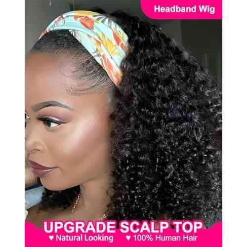V SHOW Kinky Curly Headband Wig Human Hair Upgrade Natural Scalp Top Middle Part Glueless Headband Wig for Women 16inch Brazilian Kinky Curly Virgin Human Hair Wear and Go 180% Density Wig