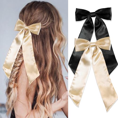 SAWINDA 4PCS Pink Satin Hair Bows Clips for Girls Black Bow Hair Ribbon Barrette Ponytail Holder Accessories with Oversize Tail Wedding Prom Daily Outfits Hair Accessories for Women(Black*2&Pink*2)