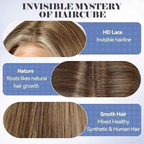 HAIRCUBE Human Hair Wig Lace Front Wig Glueless Wigs Layered Shoulder-Length HairWigs for Women, Ash Brown with White Bangs, Human Hair Blend, 13"¡¿5"¡¿1" HD Lace, 18 Inch Daily Use