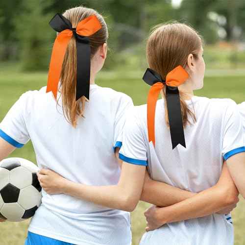 DEEKA 16 PCS Collegiate Style Ponytail Holders - Long Tail Skinny Handmade Bows for Girls, Teens, Softball, Cheerleaders - Orange/Black