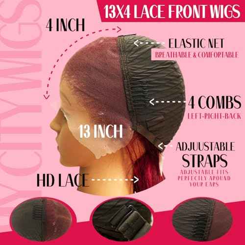 99J Burgundy Body Wave Lace Front Wig - 13x4 Human Hair, 150% Density, Bleached Knots, Natural Hairline, Glueless, Heat Resistant for Black Women 30 Inches, Soft & Silky (20 Inch)