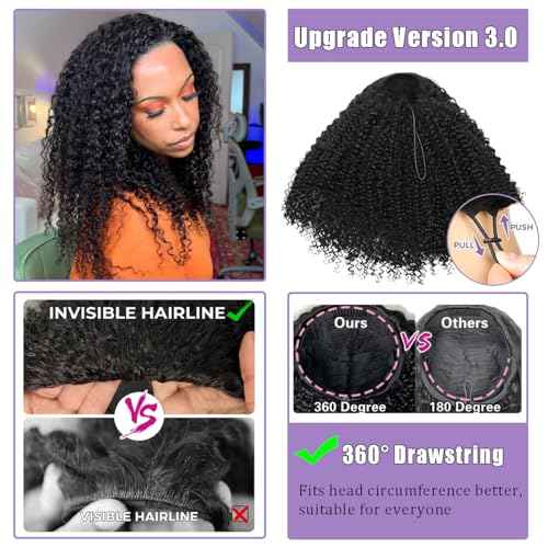 Half Wig Human Hair 210 Density Kinky Curly Half Wig for Black Women 3 In 1 Seamless Flip Over Human Hair Half Wig Glueless Wear and Go Beginner Friendly Drawstring Headband Wig Human Hair 22 inch