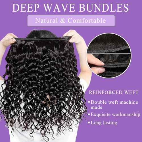 Deep Wave Human Hair Bundles 12A Brazilian Virgin Human Hair Bundles 18 20 22 Inch Wet and Wavy Curly Bundles Human Hair Extensions for Black Women Natural Black Color