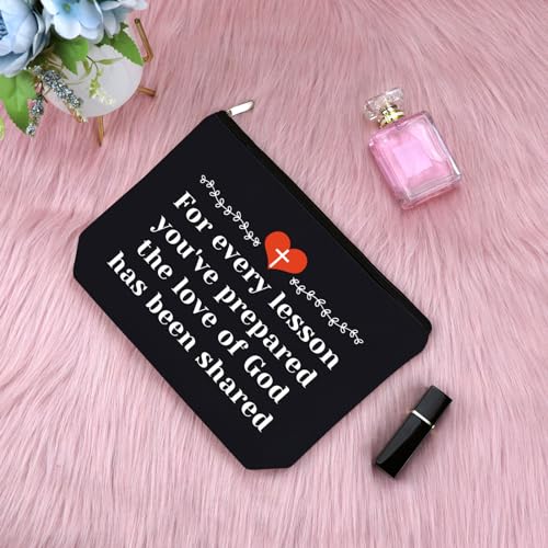 Sunday School Teacher Gift Makeup Bag Religious Gift for Women Teacher Appreciation Gift Cosmetic Bag Christian Gift for Her Funny Birthday Gift Thanksgiving Graduation Gift Travel Pouch（Black）