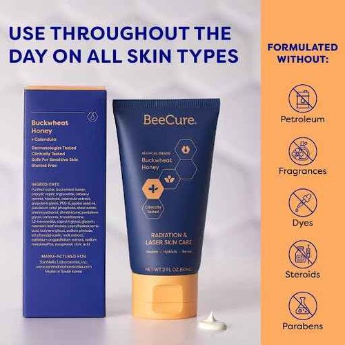 BeeCure Radiation Relief & Laser Burn Cream, 2 Fl Oz, Post-Procedure Care with Buckwheat Honey, Helps Calm Skin after Aesthetic Procedures & Sunburn, Clinically Tested Safe for Sensitive Skin