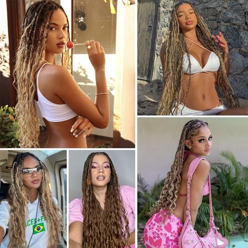 HANNE Double Ended Dreadlock Extensions Soft Boho Box Braids 24 Inch Crochet Synthetic Dreadlock Extensions with Curly End Dreads Extensions for Women Brown to Honey Brown (10 Strands/Pack MT1/30)