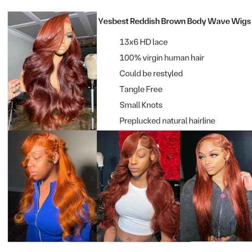 28 Inch Reddish Brown Lace Front Wigs Human Hair Body Wave 13x6 Glueless Light Chocolate Brown Wig 180% Density Auburn Copper Reddish Brown Wigs for Women 13x6 Lace Front