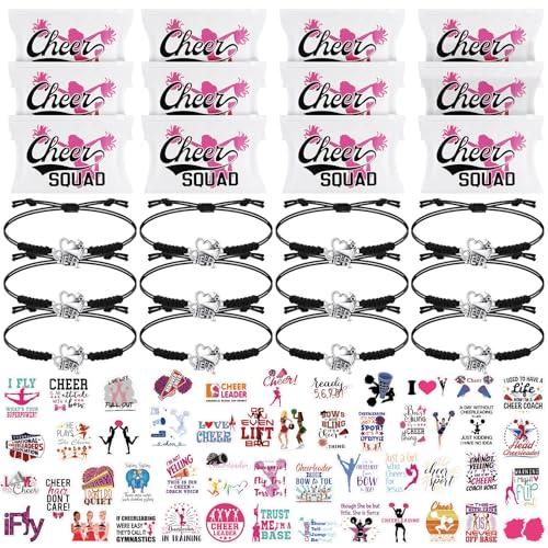 74 Pack Cheerleader Gifts Tenins Gift Set - 12 Cheer Makeup Bag 12 Adjustable Cheer Bracelets 50 Cheerleading Stickers for Cheer Team Party Favors Girls Cheerleader Christmas Gifts