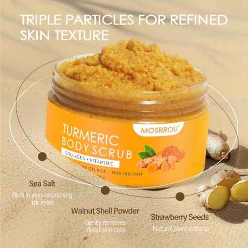 Turmeric Body Scrub Vitamin C Exfoliating Body Scrub With Collagen And Coconut Oil Body Exfoliator Dead Skin Remover Smooth And Hydrated Natural Scrub For Butt Bikini Area With Loofah