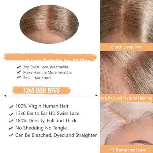 Munx Ash Blonde Bob Lace Front Wig Human Hair Pre Plucked Hairline 180% Density Short Bob HD Human Hair Wigs for Women 13x6 Deep Part Lace Front Wig Bleached Knots 8in