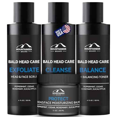 Mountaineer Brand Bald Head Care For Men | All Natural 4 Step Daily Skin Care for Healthy Scalp & Face | Exfoliate and Scrub | Cleanse Wash | Shine Away PH Balance | Protect Moisturizing Balm | 4oz