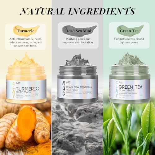 ANAI RUI 3 Pack Face Mask Gift Set,Christmas Facial Mask Set,Turmeric Clay Mask - Green Tea Mud Mask - Dead Sea Minerals Mud Mask Stocking Stuffers for Women &Teen Girl 2.5 oz each