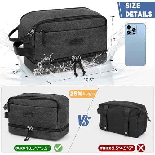 ZOMFELT Travel Toiletry Bag for Men, Canvas Hanging Toiletry Bag Shaving Dopp Kit Water Resistant Bathroom Shower Bag with Double Layer, Makeup Cosmetic Hygiene Bag for Toiletries Accessories, Black