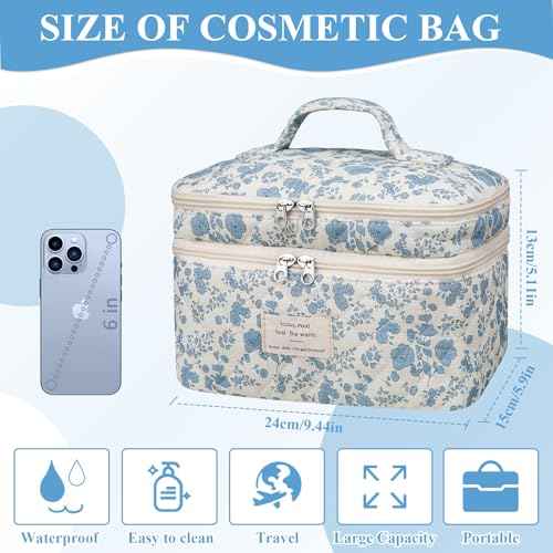 Makeup bag, Large Cosmetic Bag for Women Girls, Cute Quilted Makeup Bags, Floral Coquette Aesthetic Toiletry Bag, Travel Make Up Organizer Bag (Blue Flowers)