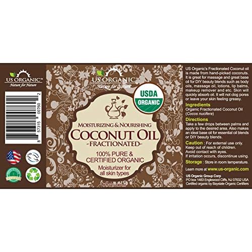 US Organic Fractionated Coconut MCT Oil (Liquid Coconut Oil), USDA Certified Organic, Non-GMO, Perfect for massage, carrier oil for DIY blends, Hair, Skin care. 100% Pure, Hexane-Free (8 oz)