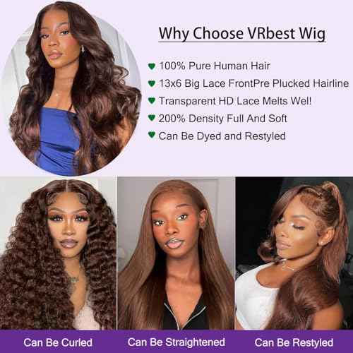 VRBest Chocolate Brown Lace Front Wig Human Hair Body Wave 13x6 HD Lace Front Wigs Pre Plucked 4# Colored Brown Wig Human Hair Wigs for Black Women 24 inch