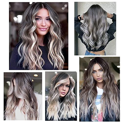 Haoland 26 Inch Long Gray Wig For Women Ombre Gray With Dark Roots Wavy Wig Middle Part Synthetic Wig For Cosplay Daily Party Use