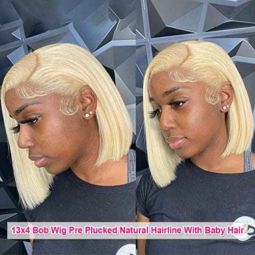 Flady 14 inch Blonde Bob Wig Human Hair 13x4 HD Lace Front Wigs Pre Plucked Hairline 180% Density Glueless Blunt Cut Straight Bob Wig