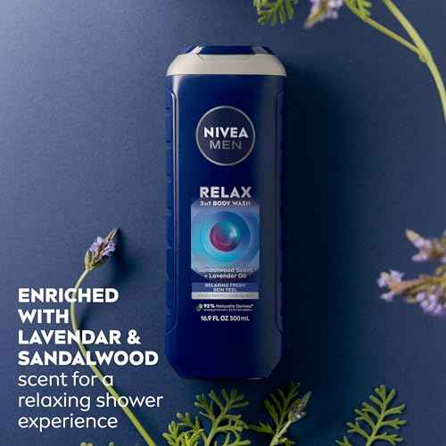 NIVEA Men Relax Body Wash, Lavender and Sandalwood Scent, 3-in-1 Men's Body Wash, Face and Hair, Paraben Free, Vegan Formula, pH-Skin Friendly, 16.9 Fl Oz Bottle, Pack of 3
