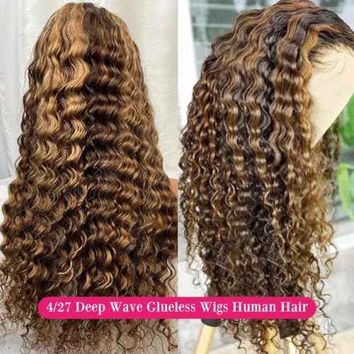 FIRIEYA 4/27 Highlight Lace Front Wigs Human Hair Pre Plucked 180 Density 4X4 Ombre Honey Blonde Deep Wave Lace Closure Wigs for Women 22 Inch