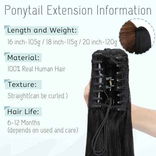 S-noilite Claw Clip Ponytail Extension Human Hair #1 Jet Black Real Remy Human Hair Ponytail Extension 16inch Long Straight Hair Pony Tails Hair Extensions For Women 105Grams