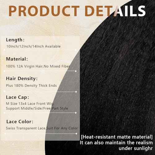 4C Edges Baby Hair Kinky Straight Human Hair Wig Glueless Side Part Short Yaki Bob Wig Human Hair Thick End UHD 13x4 Lace Front Wig Pre-Bleached Natural Color Brazilian Virgin Hair 10"