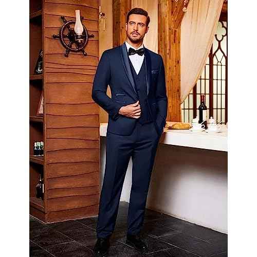 COOFANDY Men's 3 Pieces Suit Slim Fit Tuxedo Set One Button Shawl Lapel Dinner Prom Jacket Vest Pants with Tie
