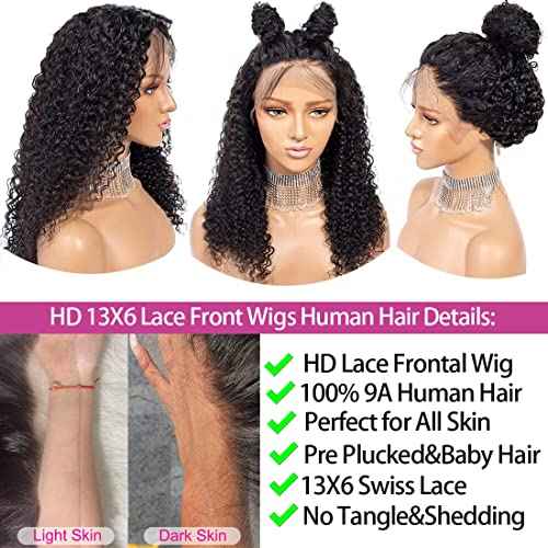 13x6 Deep Wave Lace Front Wigs Human Hair Wigs HD Transparent Deep Curly Lace Frontal Glueless Wigs Human Hair Lace Front Wigs Pre Plucked 200% Density Natural Black 24 Inch